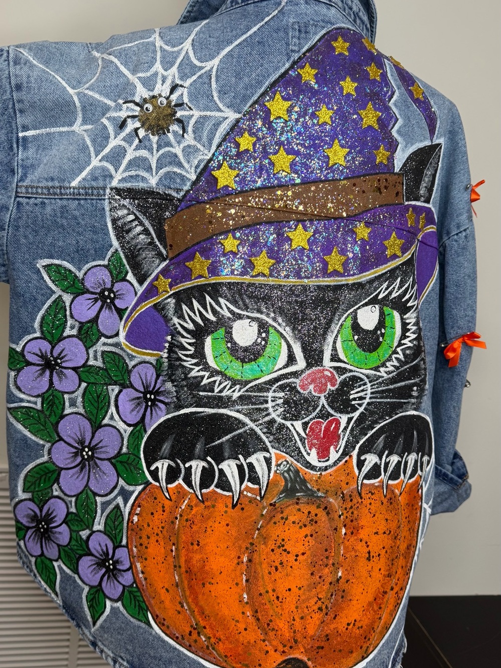 Hand Painted Halloween Denim Jacket Cat Witch Pumpkin Wearable Art Size L